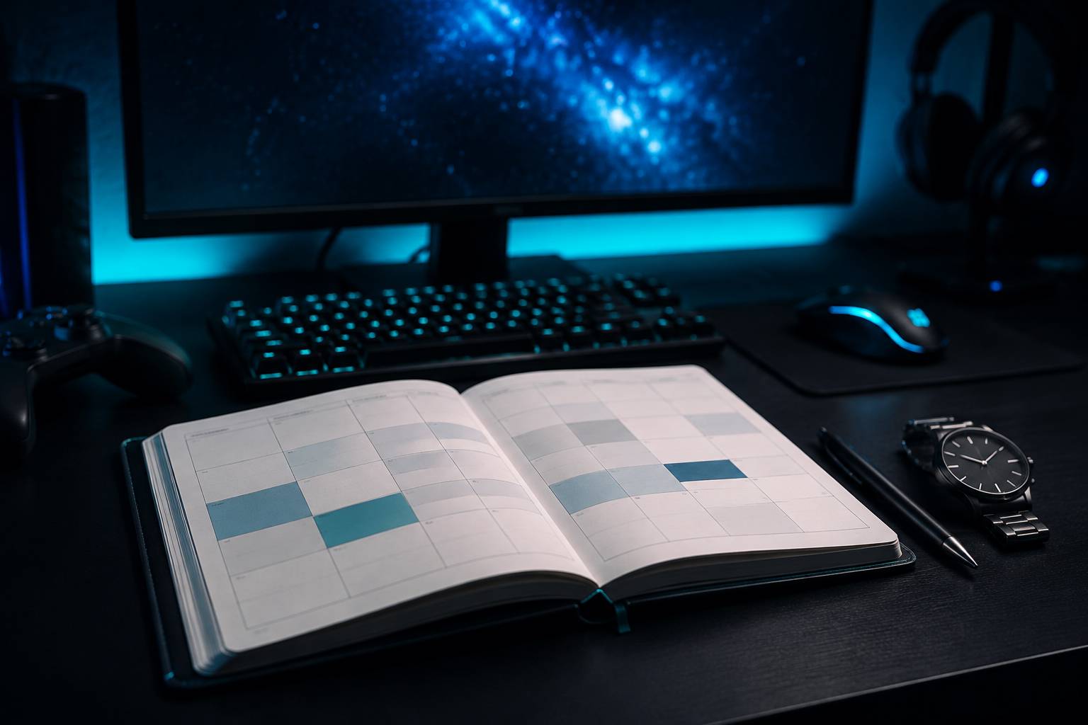 Agenda hebdomadaire vierge sur un bureau de gamer