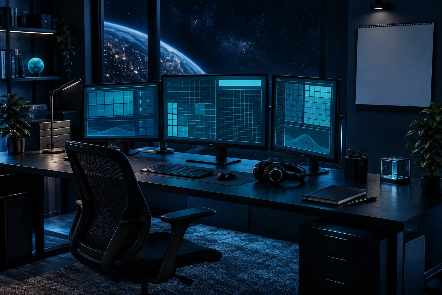 Bureau d'organisation de jeu avec écrans de données abstraites cyan et casque