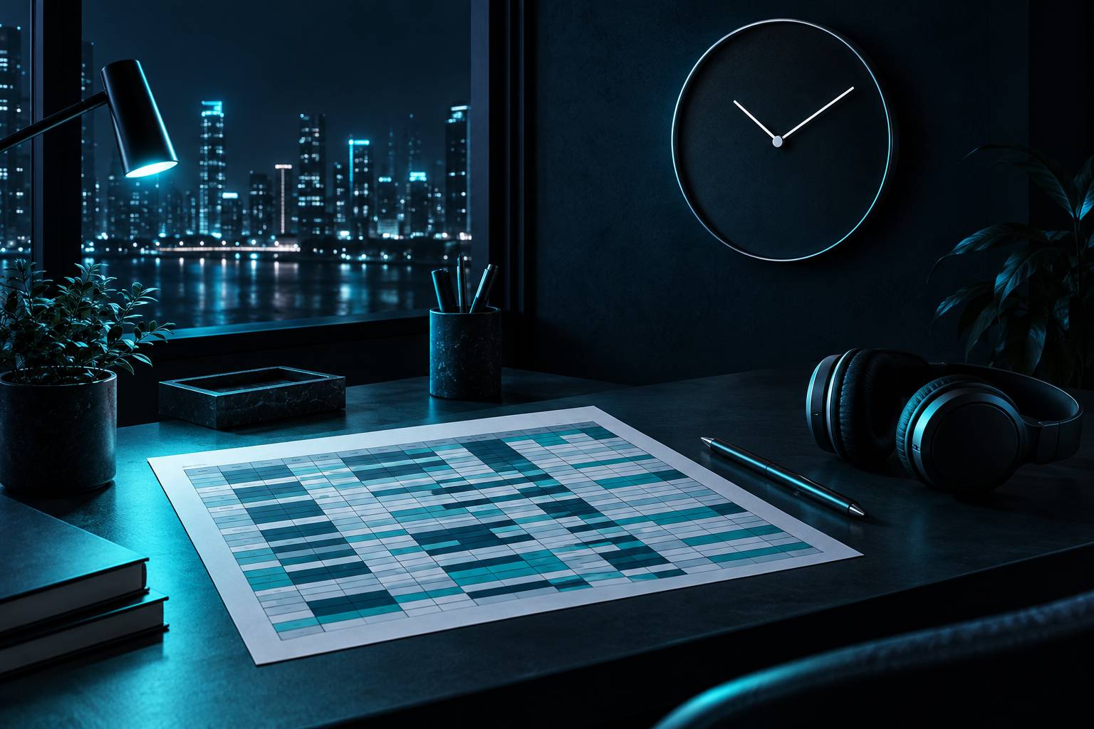 Détail d'une horloge murale et d'un planning horaire abstrait sur un bureau