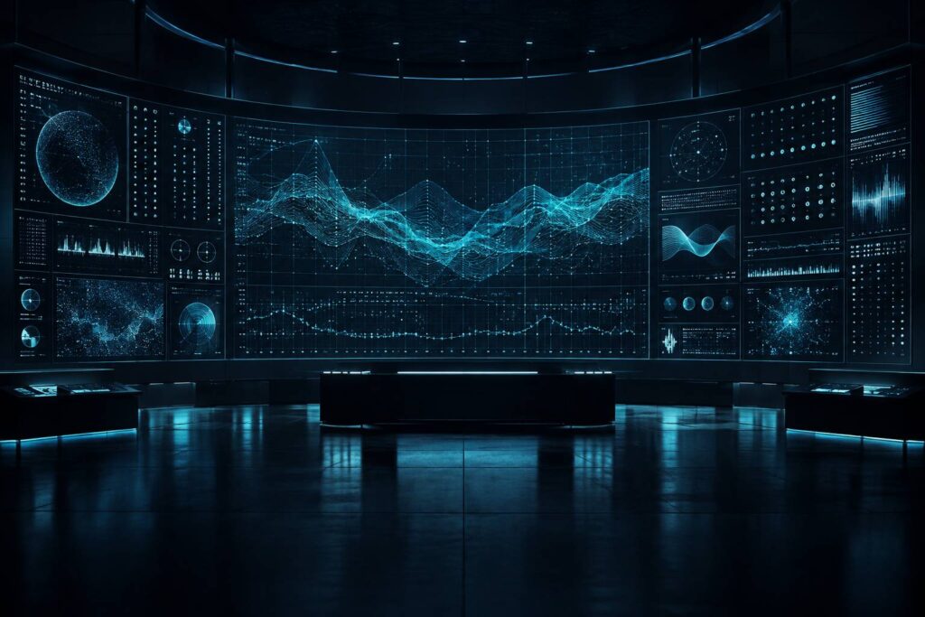 Écran fictif de tableau de bord aux courbes cyan sur fond bleu nuit