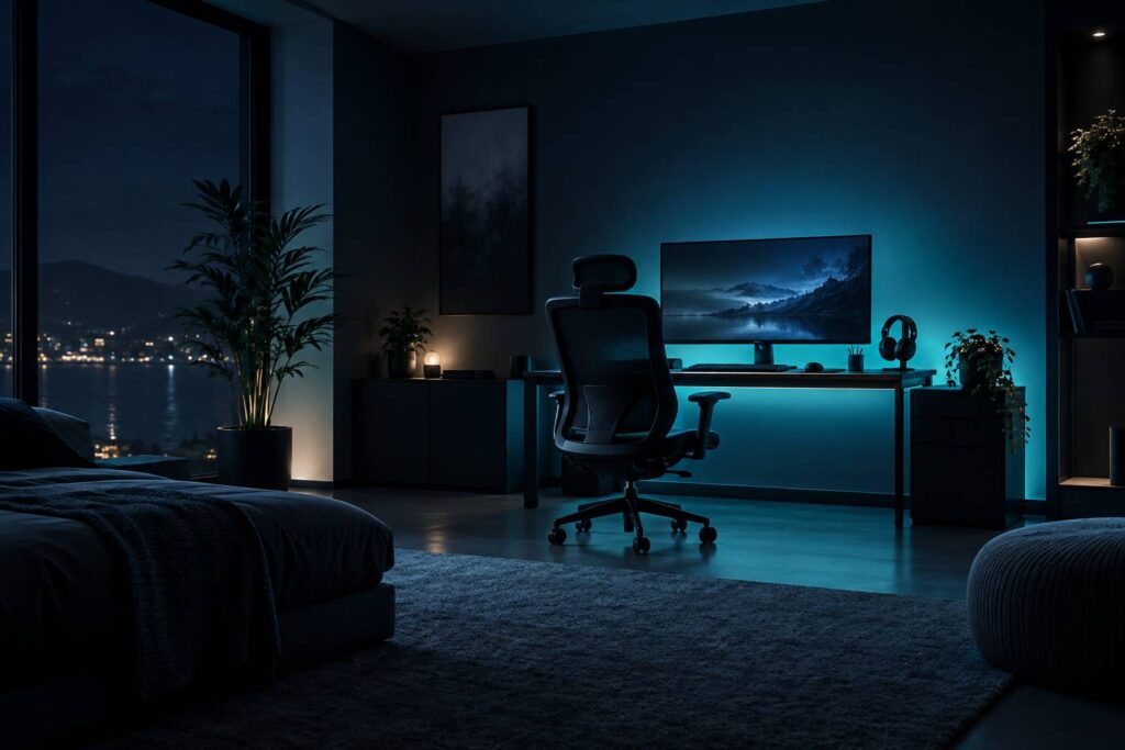 Fauteuil ergonomique et casque audio dans une piece de jeu sobre