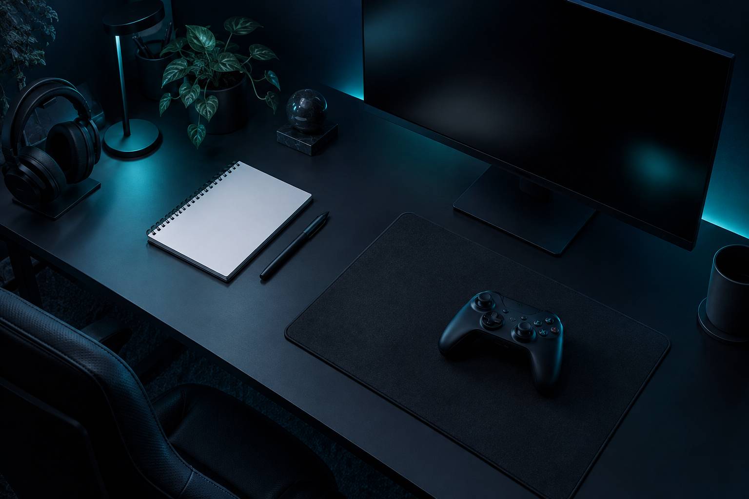 Manette de jeu et ecran eteint sur un bureau sombre