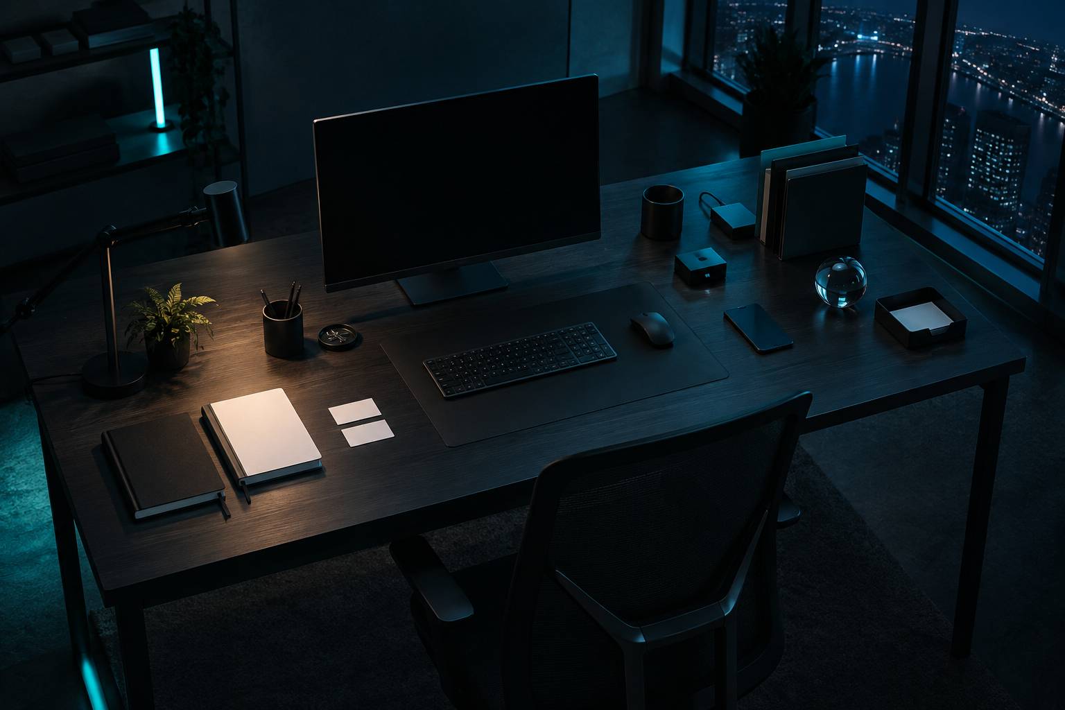 Bureau de veille avec badge neutre et telephone pose