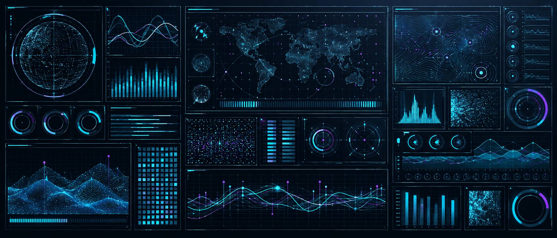 Gros plan sur des graphes cyan d'un panneau de données fictif