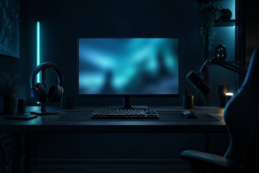 Poste de jeu avec casque audio et micro sur bras articule