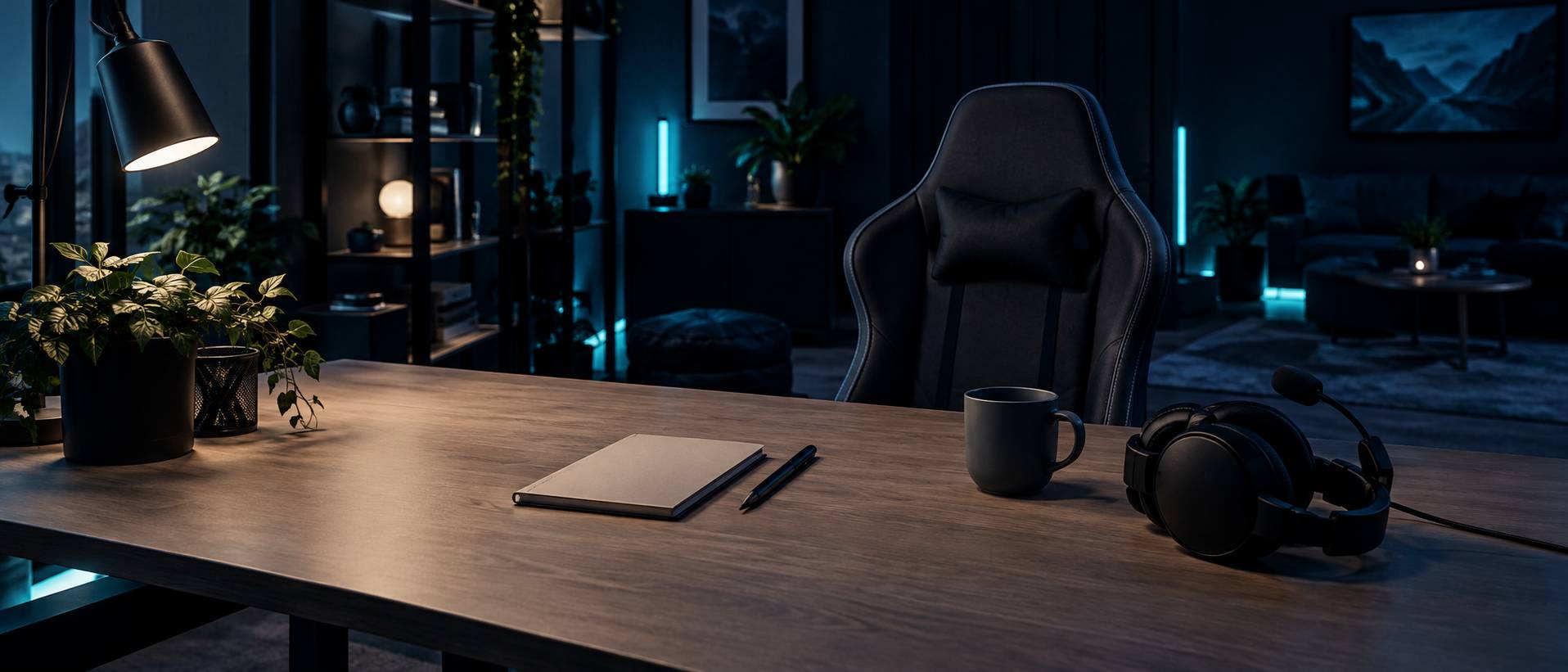 Carnet ferme, casque et tasse poses sur un bureau en bois