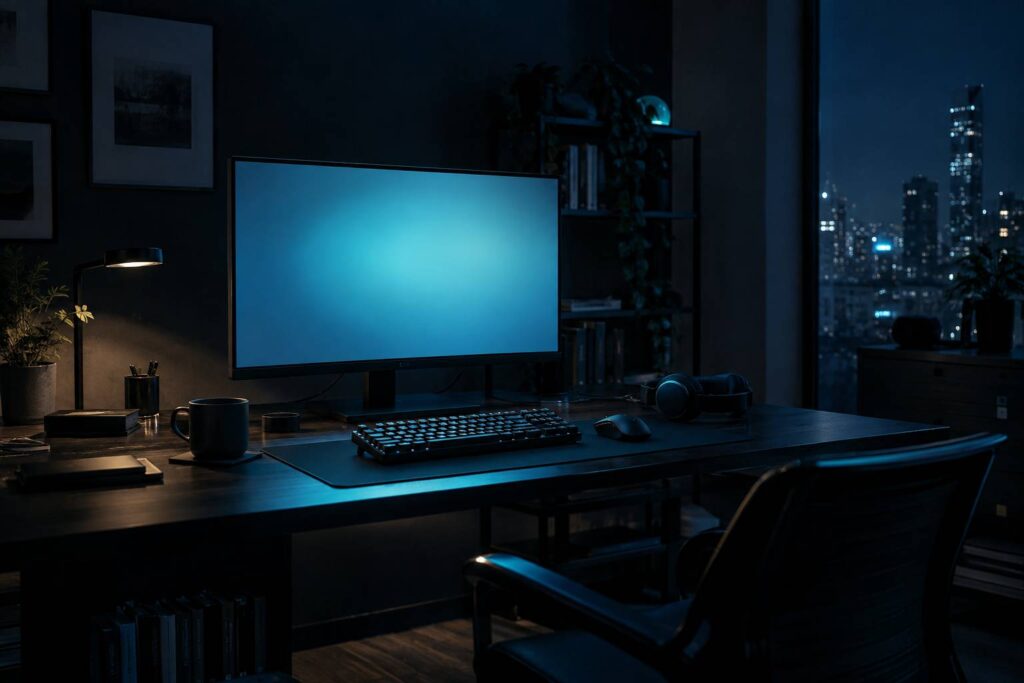 Bureau de nuit avec ecran allume diffusant une lueur bleutee