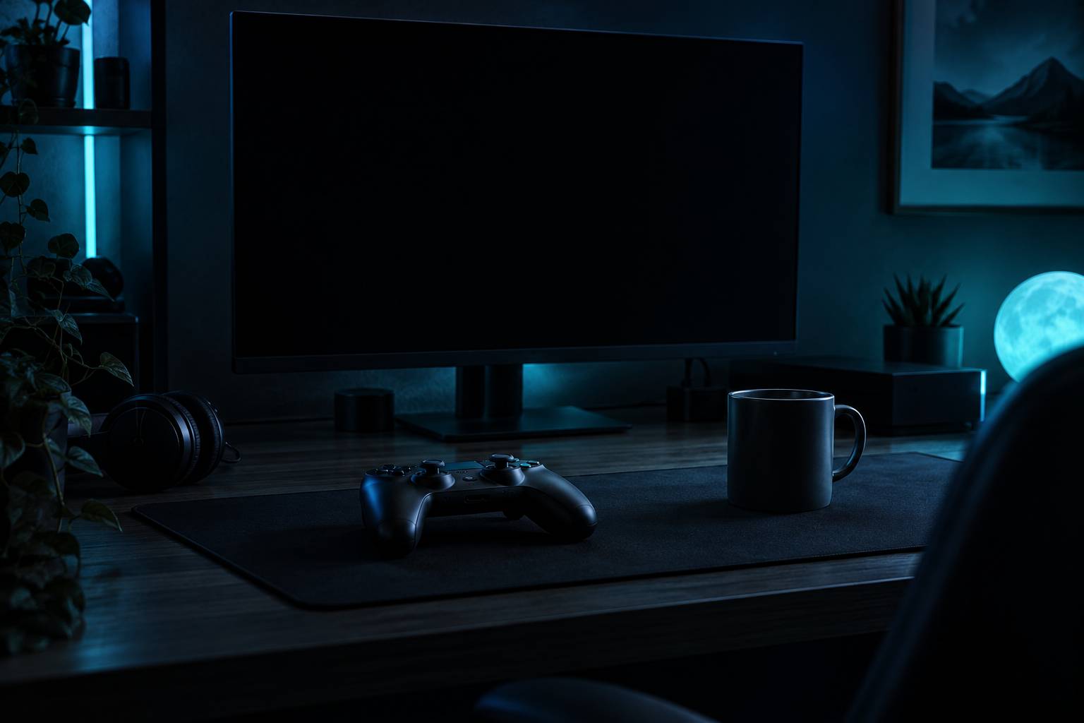 Manette neutre et ecran eteint sur un poste de jeu