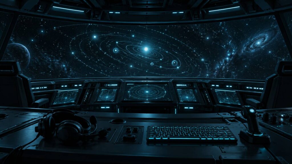 Poste de pilotage sombre avec carte stellaire abstraite cyan sur écran incurvé