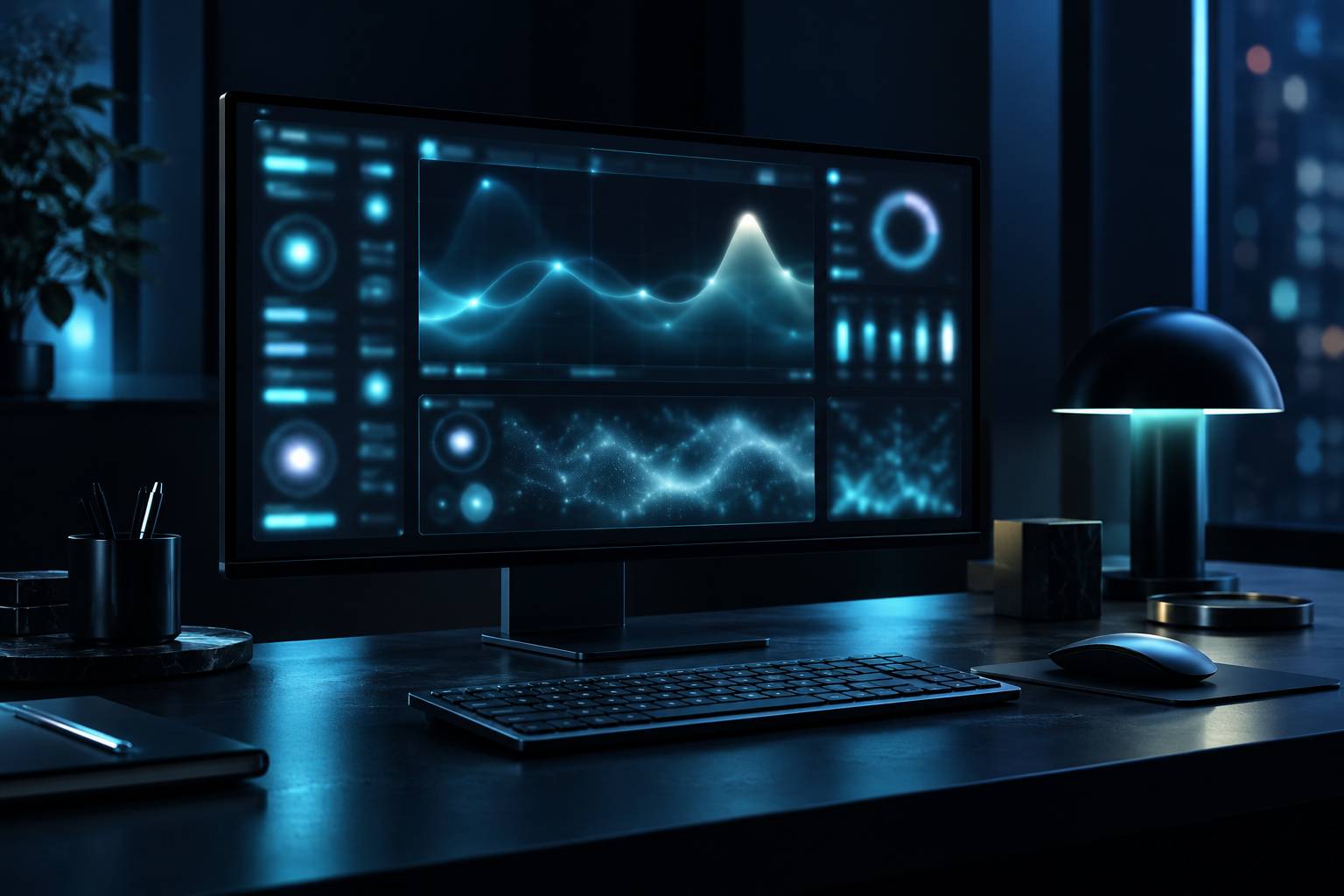Écran d'ordinateur affichant une interface abstraite floue