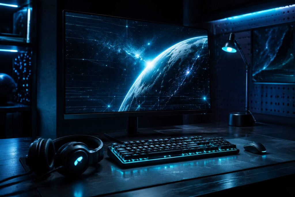 Poste de jeu avec écran d'étoiles et clavier rétroéclairé