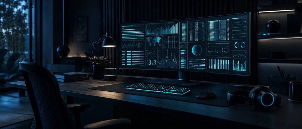 Poste de jeu sombre avec écran de tableau stylisé et clavier rétroéclairé cyan