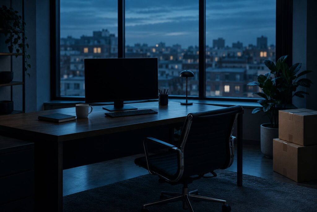 Bureau vide dans une pénombre bleutée avec écran éteint et cartons fermés