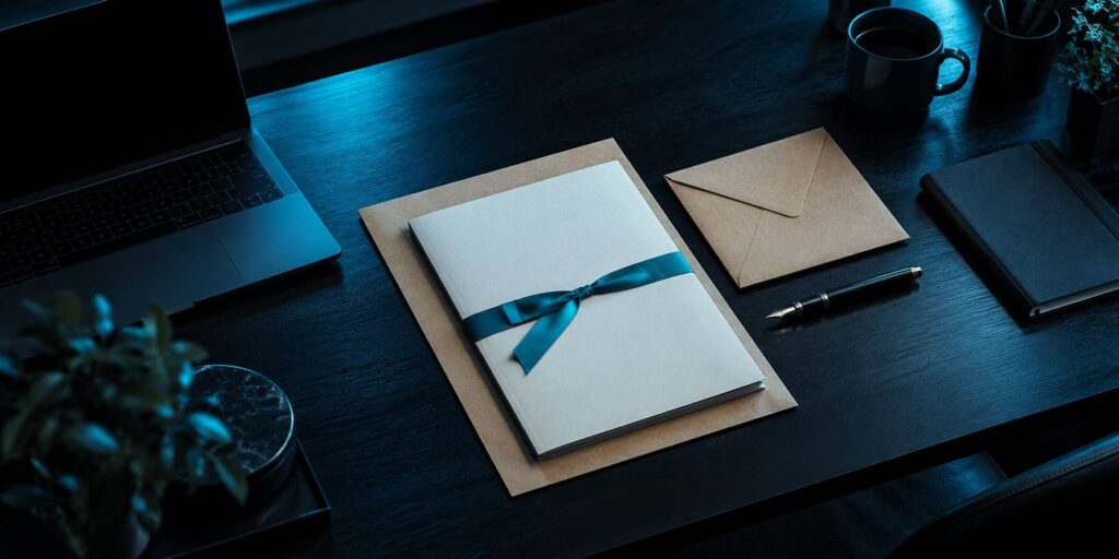 Dossier de candidature ferme et enveloppe kraft sur un bureau sombre avec ordinateur eteint