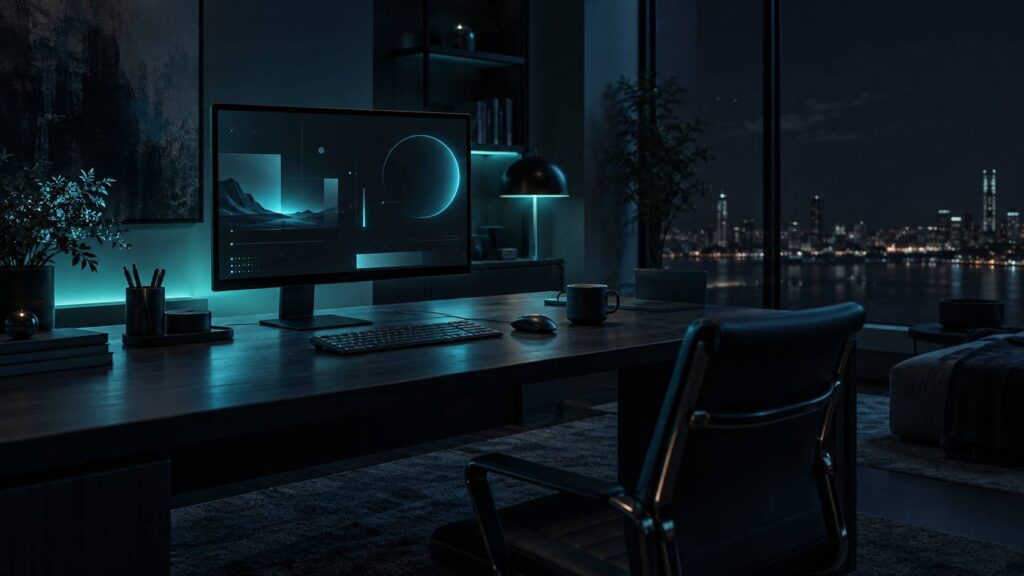 Bureau au soir avec ecran allume dans une piece sombre