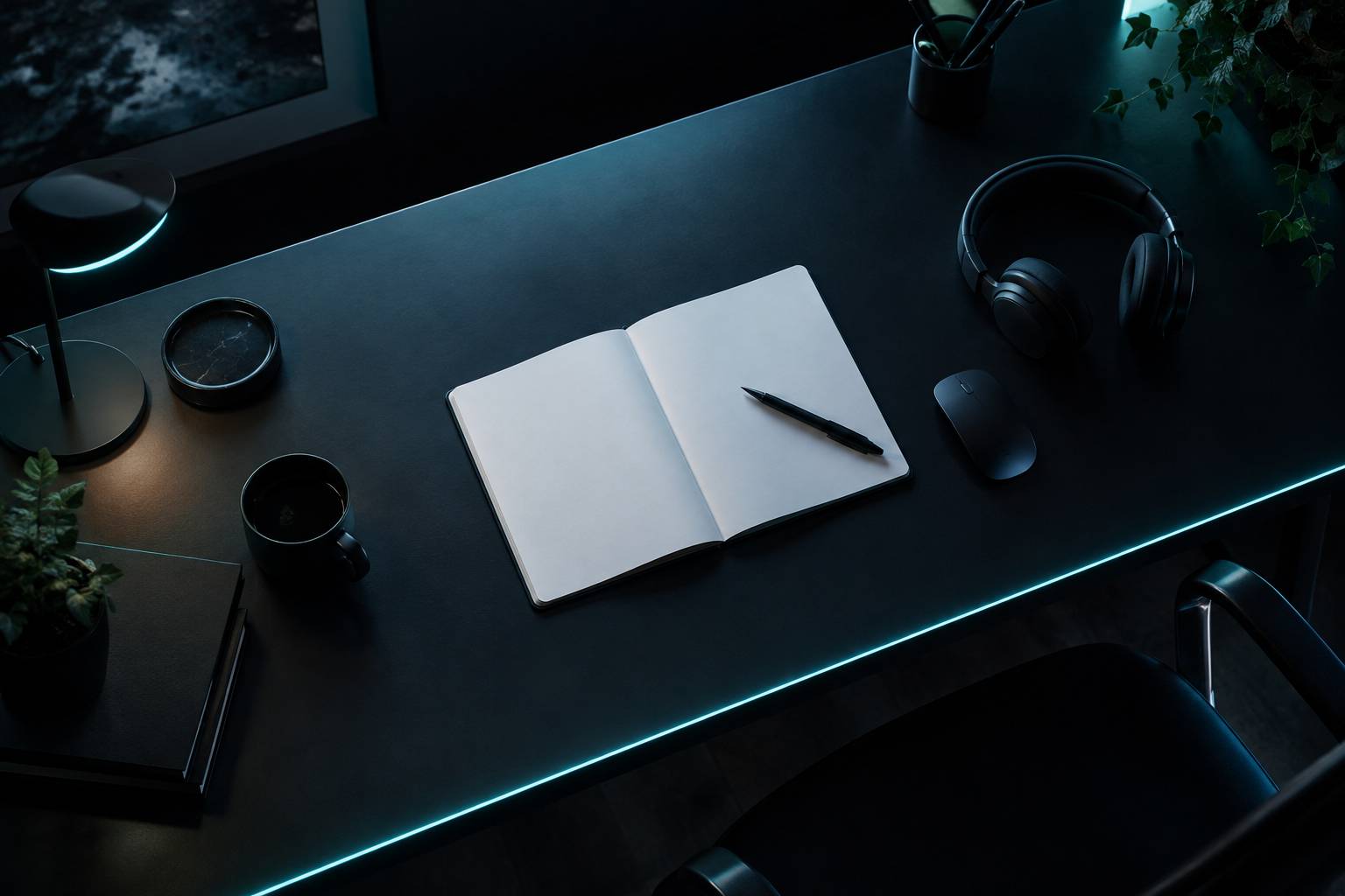 Carnet vierge et accessoires poses sur un bureau sombre
