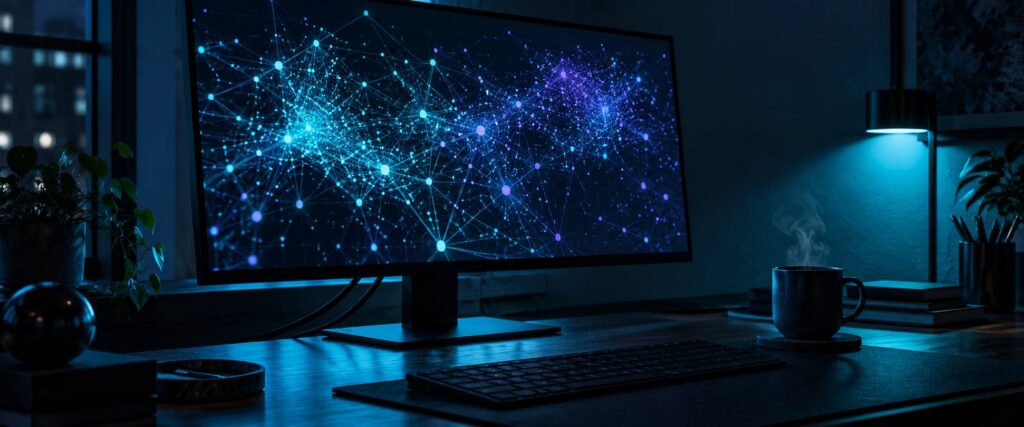 Écran de bureau nocturne affichant un réseau abstrait de nœuds et de liens lumineux