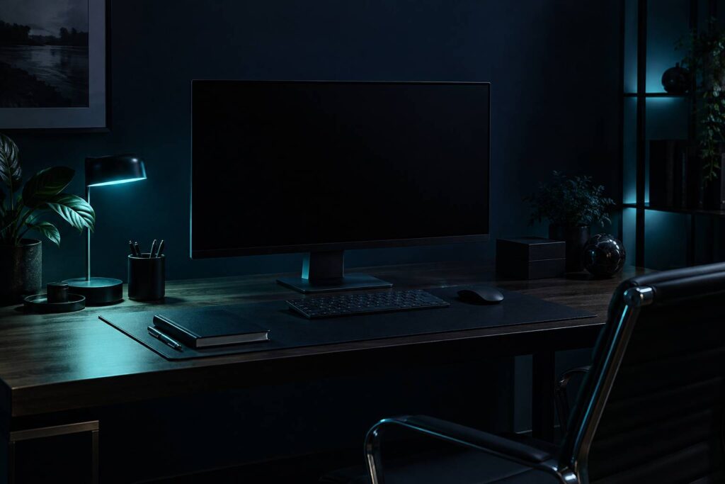 Bureau sombre de nuit avec carnet ferme et lampe a lumiere cyan