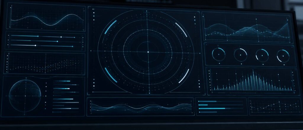 Interface sobre bleu nuit et cyan avec grille de données abstraite sans texte lisible
