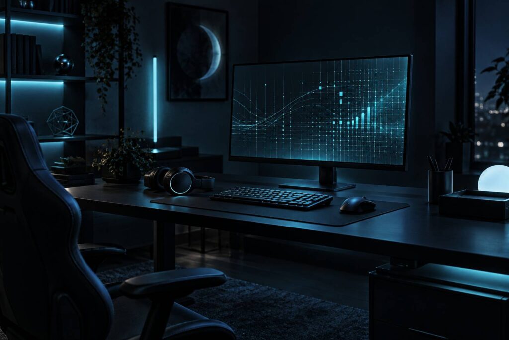 Poste de joueur sobre avec casque audio et écran en lumière bleu nuit