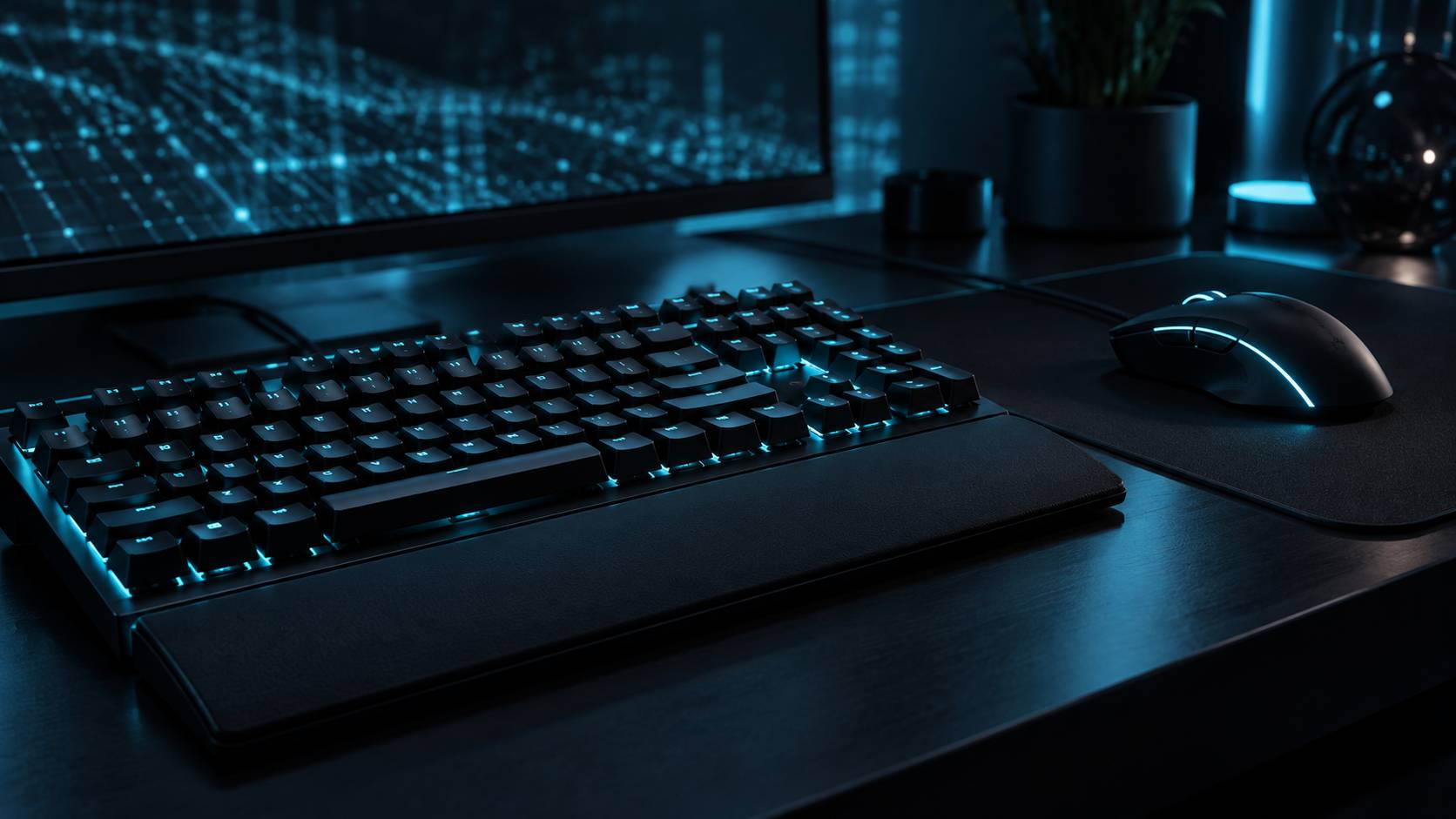 Clavier et souris de jeu sur un bureau sombre éclairé en cyan