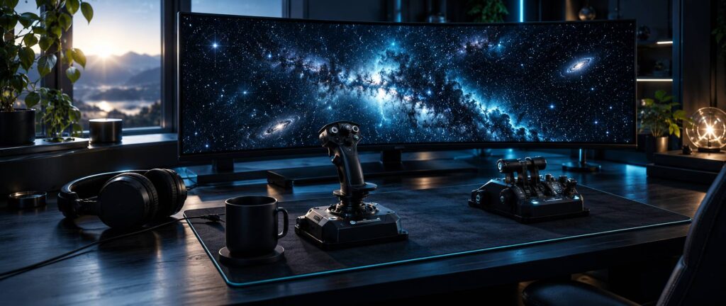 Poste de jeu spatial avec manche à balai, casque audio et écran montrant un champ d'étoiles