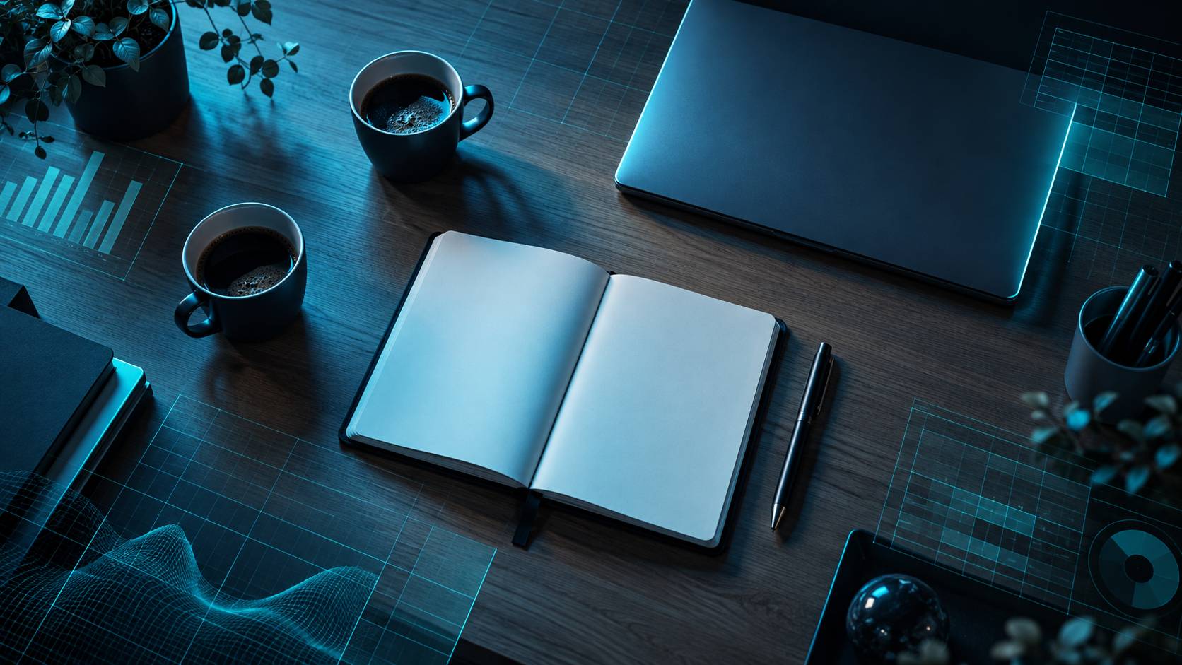Agenda vierge et tasses à côté d'un ordinateur fermé