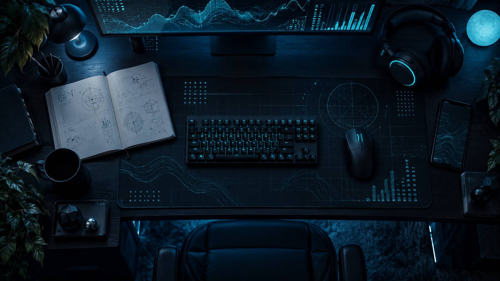 Bureau de joueur avec clavier, casque audio et carnet de notes