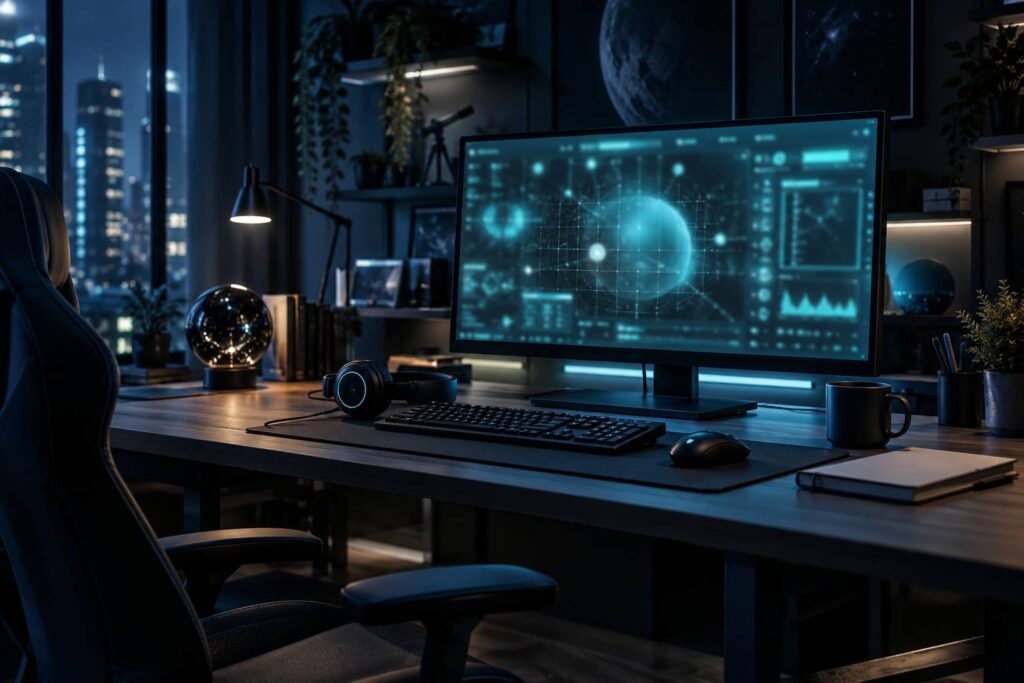 Espace de jeu a domicile avec casque audio et interface abstraite a l'ecran