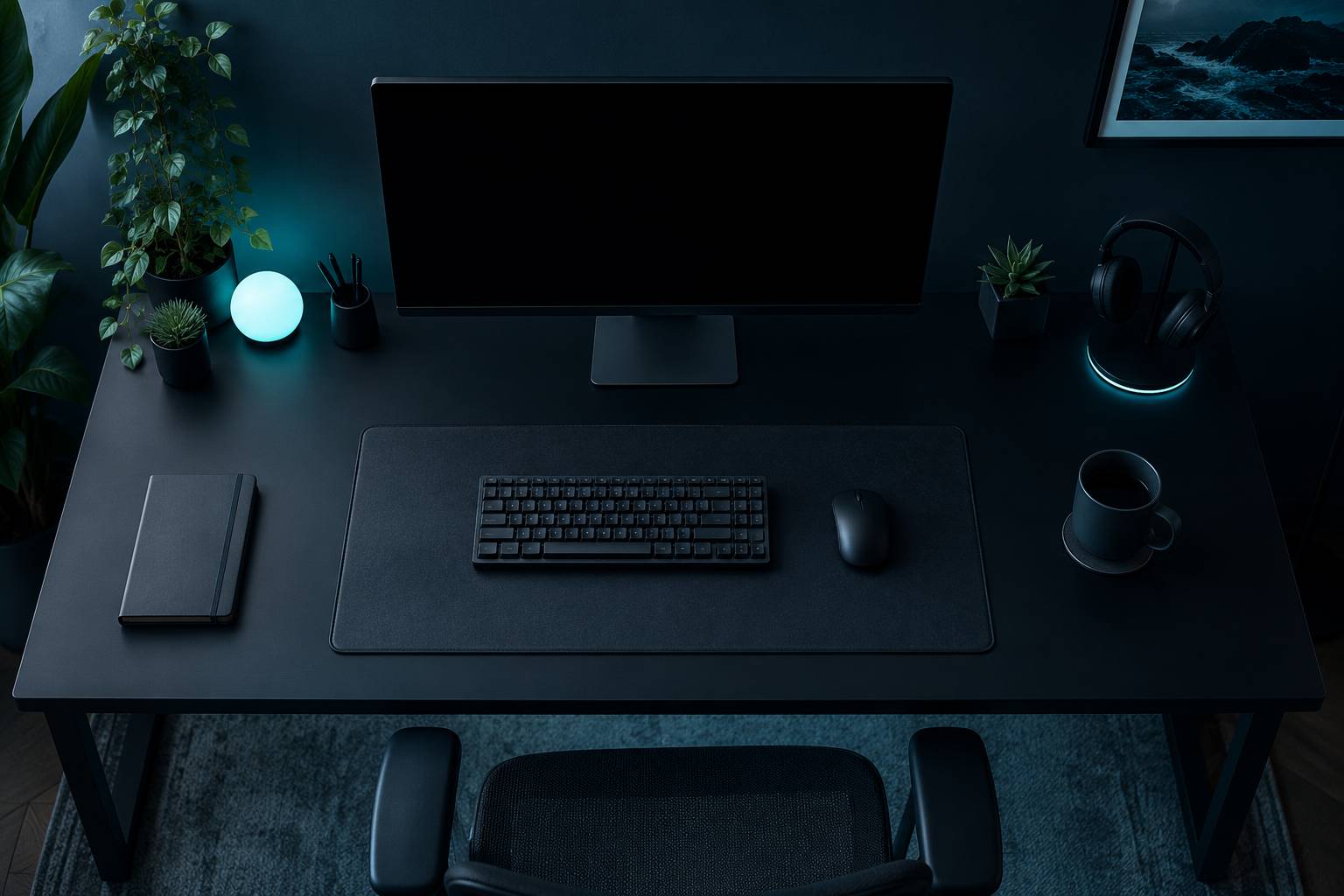 Bureau de joueur range avec carnet, souris et ecran eteint