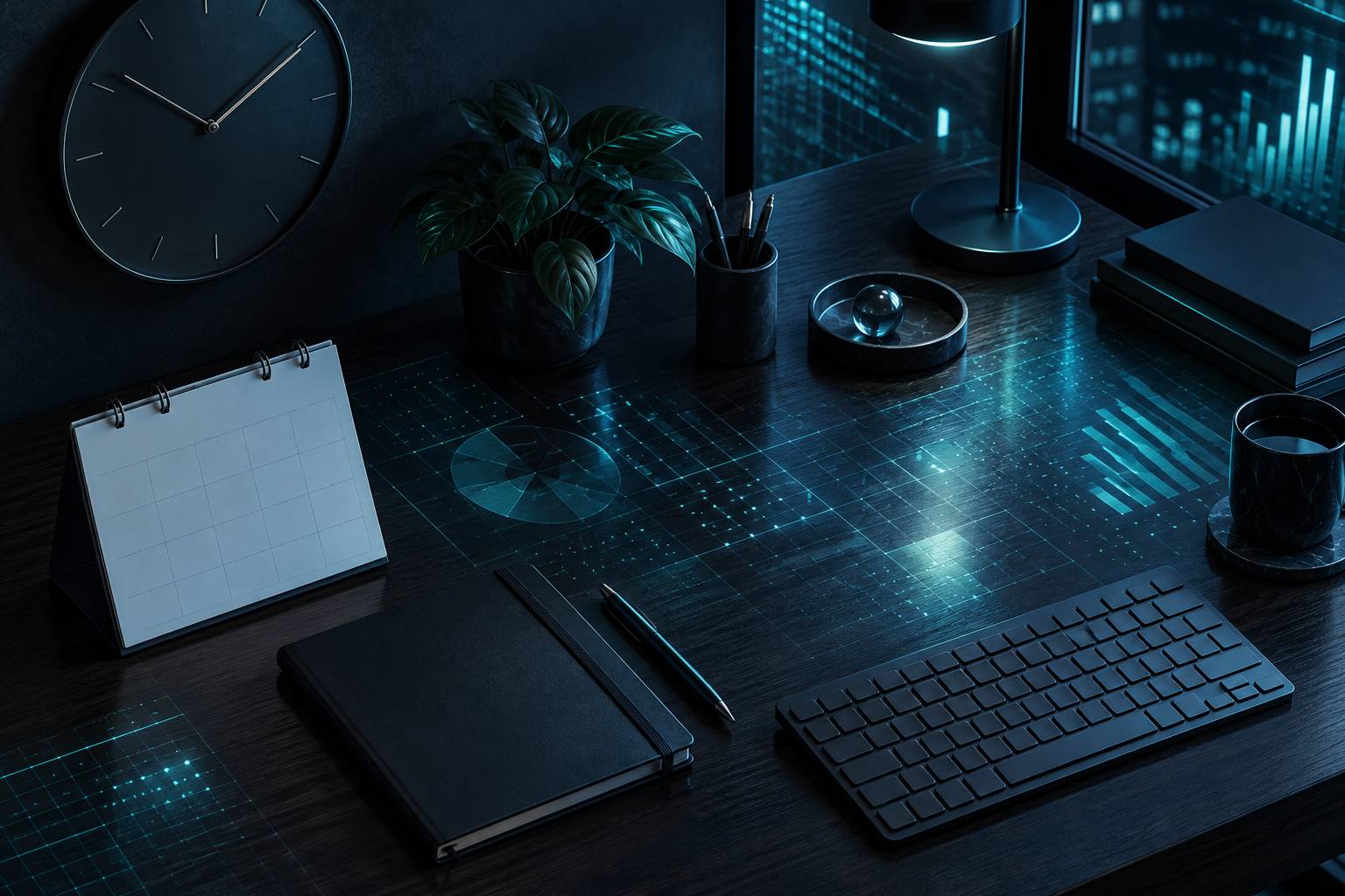 Horloge analogique et calendrier vierge sur un bureau