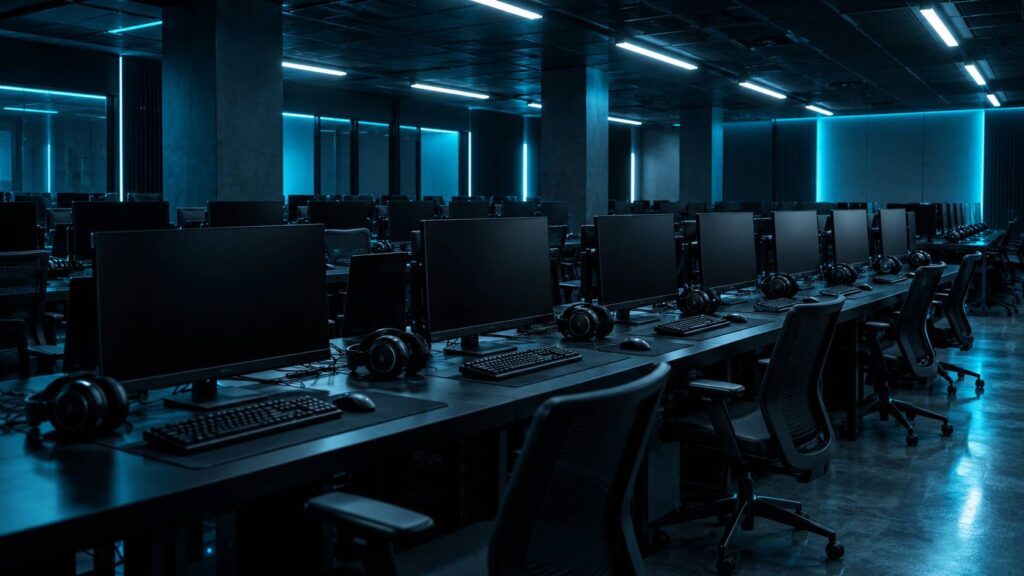 Salle de jeu avec plusieurs postes d'ordinateurs, casques posés et chaises vides